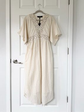 Papa Pia Boho Cream Eyelet Maxi Dress Flutter Sleeve Beaded Neckline & Waist NWT